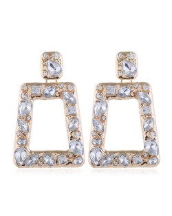 Resin Gems Inlaid Bling Fashion Trapezoid Shape Women Shoulder Duster Alloy Costume Earrings - White