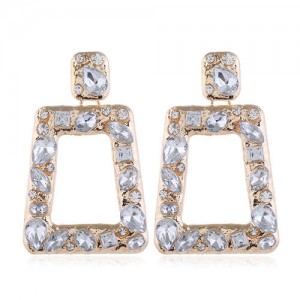 Resin Gems Inlaid Bling Fashion Trapezoid Shape Women Shoulder Duster Alloy Costume Earrings - White