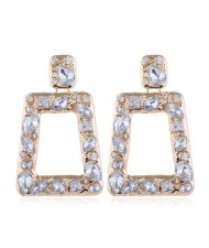 Resin Gems Inlaid Bling Fashion Trapezoid Shape Women Shoulder Duster Alloy Costume Earrings - White