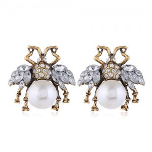 Rhinestone Embellished Ladybug Design Vintage Fashion Women Stud Earrings - White