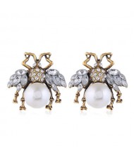 Rhinestone Embellished Ladybug Design Vintage Fashion Women Stud Earrings - White