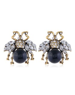 Rhinestone Embellished Ladybug Design Vintage Fashion Women Stud Earrings - Black