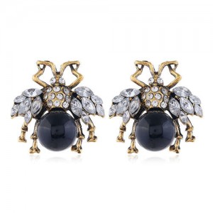 Rhinestone Embellished Ladybug Design Vintage Fashion Women Stud Earrings - Black