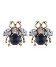 Rhinestone Embellished Ladybug Design Vintage Fashion Women Stud Earrings - Black