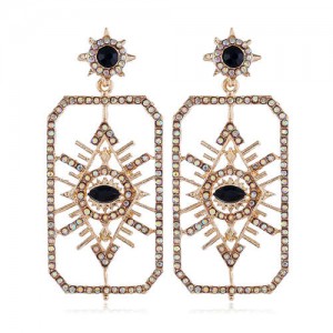 Rhinestone Embellished Dangling Eye Oblong Pendant Design Bold Fashion Women Earrings - Colorful