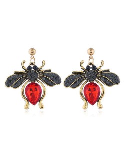 Rhinestone Flying Bug Design High Fashion Women Earrings - Red