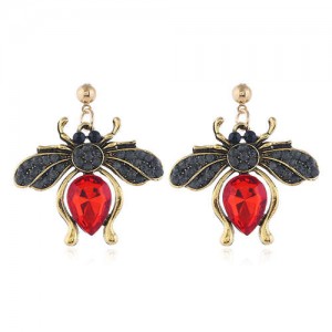 Rhinestone Flying Bug Design High Fashion Women Earrings - Red