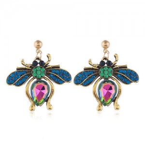 Rhinestone Flying Bug Design High Fashion Women Earrings - Blue