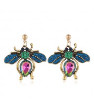 Rhinestone Flying Bug Design High Fashion Women Earrings - Blue
