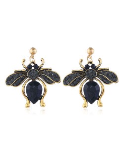 Rhinestone Flying Bug Design High Fashion Women Earrings - Black