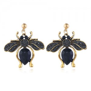 Rhinestone Flying Bug Design High Fashion Women Earrings - Black