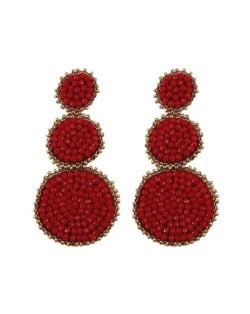 Mini Beads Triple Rounds Design Bohemian Fashion Shoulder Duster Alloy Women Statement Earrings - Red