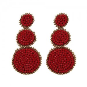 Mini Beads Triple Rounds Design Bohemian Fashion Shoulder Duster Alloy Women Statement Earrings - Red
