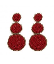 Mini Beads Triple Rounds Design Bohemian Fashion Shoulder Duster Alloy Women Statement Earrings - Red