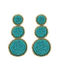 Mini Beads Triple Rounds Design Bohemian Fashion Shoulder Duster Alloy Women Statement Earrings - Teal