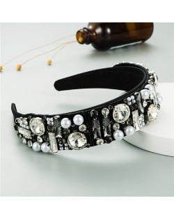 Rhinestone and Pearl Embellished Shining High Fashion Women Cloth Hair Hoop - White