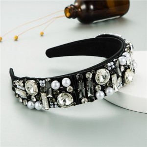Rhinestone and Pearl Embellished Shining High Fashion Women Cloth Hair Hoop - White