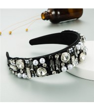Rhinestone and Pearl Embellished Shining High Fashion Women Cloth Hair Hoop - White