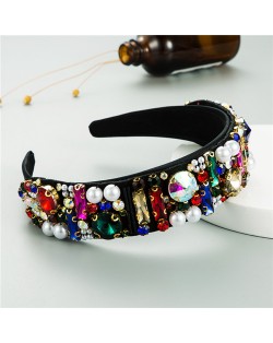 Rhinestone and Pearl Embellished Shining High Fashion Women Cloth Hair Hoop - Multicolor