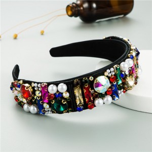 Rhinestone and Pearl Embellished Shining High Fashion Women Cloth Hair Hoop - Multicolor
