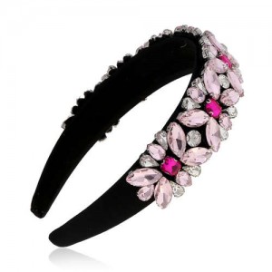 Floral Pattern Glistening Rhinestone Embellished Korean Fashion Women Hair Hoop - Pink