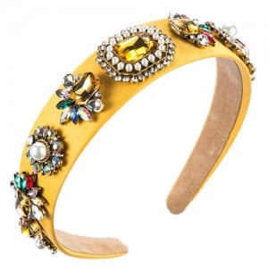 Gem Floral Cluster Design Luxurious Fashion Women Cloth Hair Hoop - Yellow