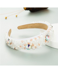 Mixed Gems Pearl and Beads Decorated High Fashion Women Hair Hoop - White