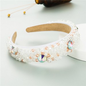 Mixed Gems Pearl and Beads Decorated High Fashion Women Hair Hoop - White