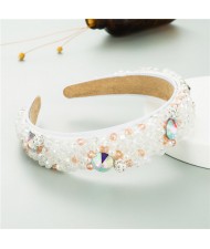Mixed Gems Pearl and Beads Decorated High Fashion Women Hair Hoop - White
