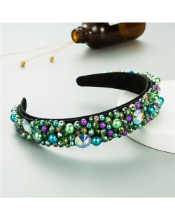 Mixed Gems Pearl and Beads Decorated High Fashion Women Hair Hoop - Green