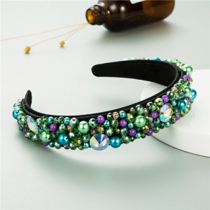 Mixed Gems Pearl and Beads Decorated High Fashion Women Hair Hoop - Green