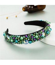 Mixed Gems Pearl and Beads Decorated High Fashion Women Hair Hoop - Green