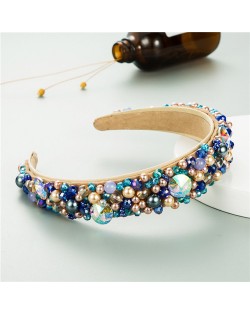 Mixed Gems Pearl and Beads Decorated High Fashion Women Hair Hoop - Blue