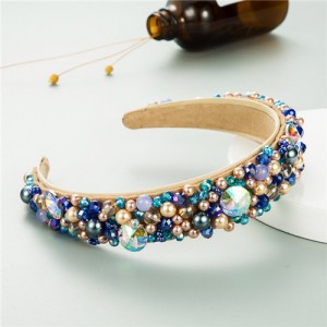 Mixed Gems Pearl and Beads Decorated High Fashion Women Hair Hoop - Blue