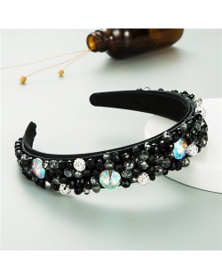 Mixed Gems Pearl and Beads Decorated High Fashion Women Hair Hoop - Black