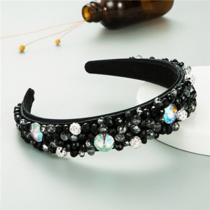 Mixed Gems Pearl and Beads Decorated High Fashion Women Hair Hoop - Black