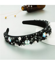 Mixed Gems Pearl and Beads Decorated High Fashion Women Hair Hoop - Black