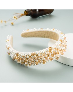 Crystal Beads and Pearls Mixed Fashion Women Costume Hair Hoop - Yellow