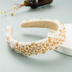 Crystal Beads and Pearls Mixed Fashion Women Costume Hair Hoop - Yellow