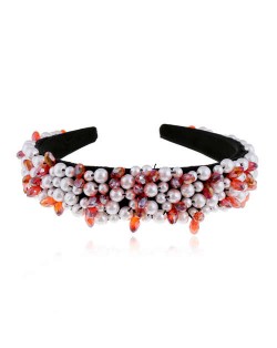 Crystal Beads and Pearls Mixed Fashion Women Costume Hair Hoop - Red