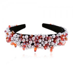Crystal Beads and Pearls Mixed Fashion Women Costume Hair Hoop - Pink