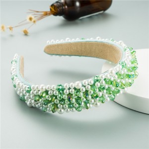 Crystal Beads and Pearls Mixed Fashion Women Costume Hair Hoop - Green