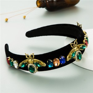 Vintage Rhinestone Bee and Gems Embellished Popular Fashion Women Cloth Hair Hoop - Green