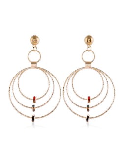 Beads Decorated Triple Hoops Design High Fashion Women Alloy Earrings - Golden
