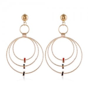 Beads Decorated Triple Hoops Design High Fashion Women Alloy Earrings - Golden