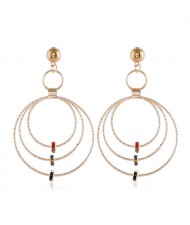 Beads Decorated Triple Hoops Design High Fashion Women Alloy Earrings - Golden