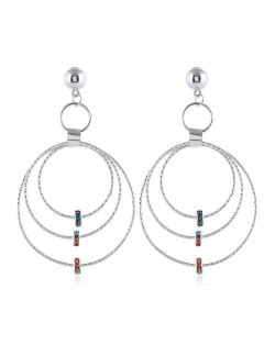 Beads Decorated Triple Hoops Design High Fashion Women Alloy Earrings - Silver