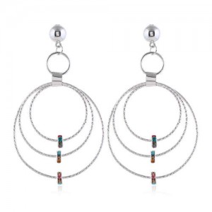 Beads Decorated Triple Hoops Design High Fashion Women Alloy Earrings - Silver