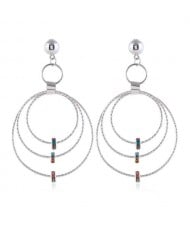 Beads Decorated Triple Hoops Design High Fashion Women Alloy Earrings - Silver