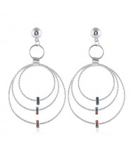 Beads Decorated Triple Hoops Design High Fashion Women Alloy Earrings - Silver